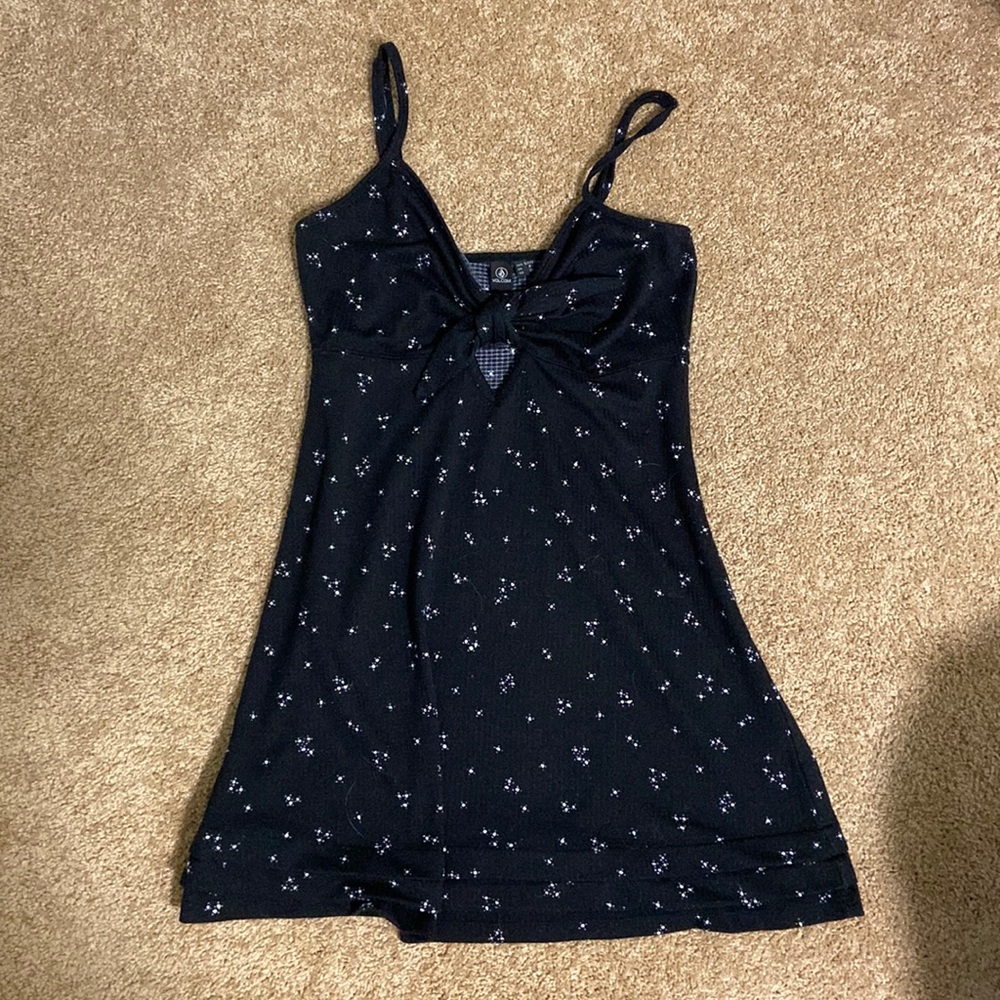 Volcom Surfer Tie Front Mini Dress Black with White Sparkle Star Dots